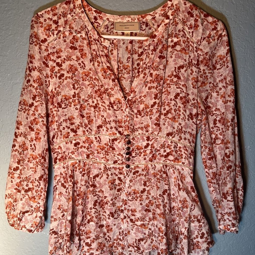 MOULINETTE SOEURS Anthropologie Floral Cotton-Blend Side-Zip Top Size 8